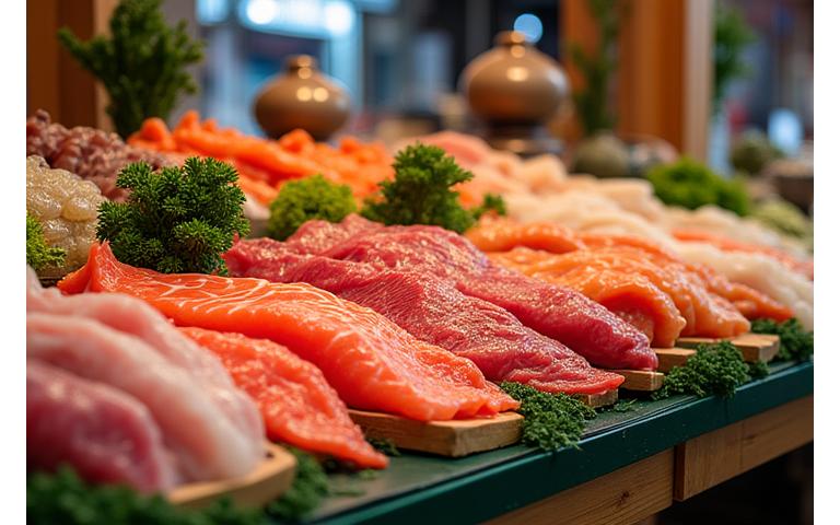 日本の市場で新鮮な魚介類が並べられている様子