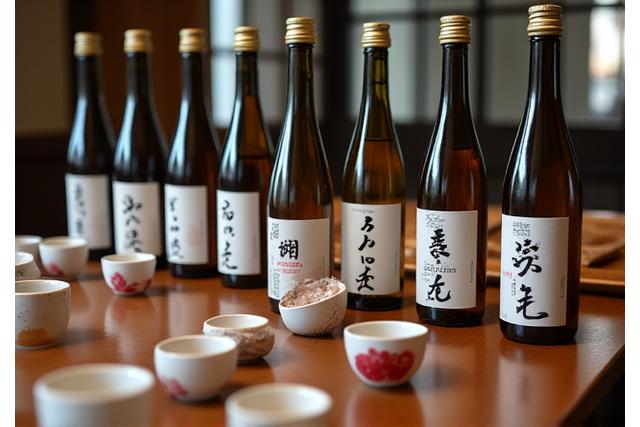 様々な日本酒が並べられたテイスティング風景